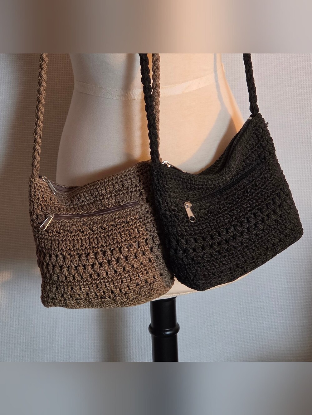Lina Crocheted Boho Crossbody Shoulder Bags ~ Set of 2 ~ Taupe and Black